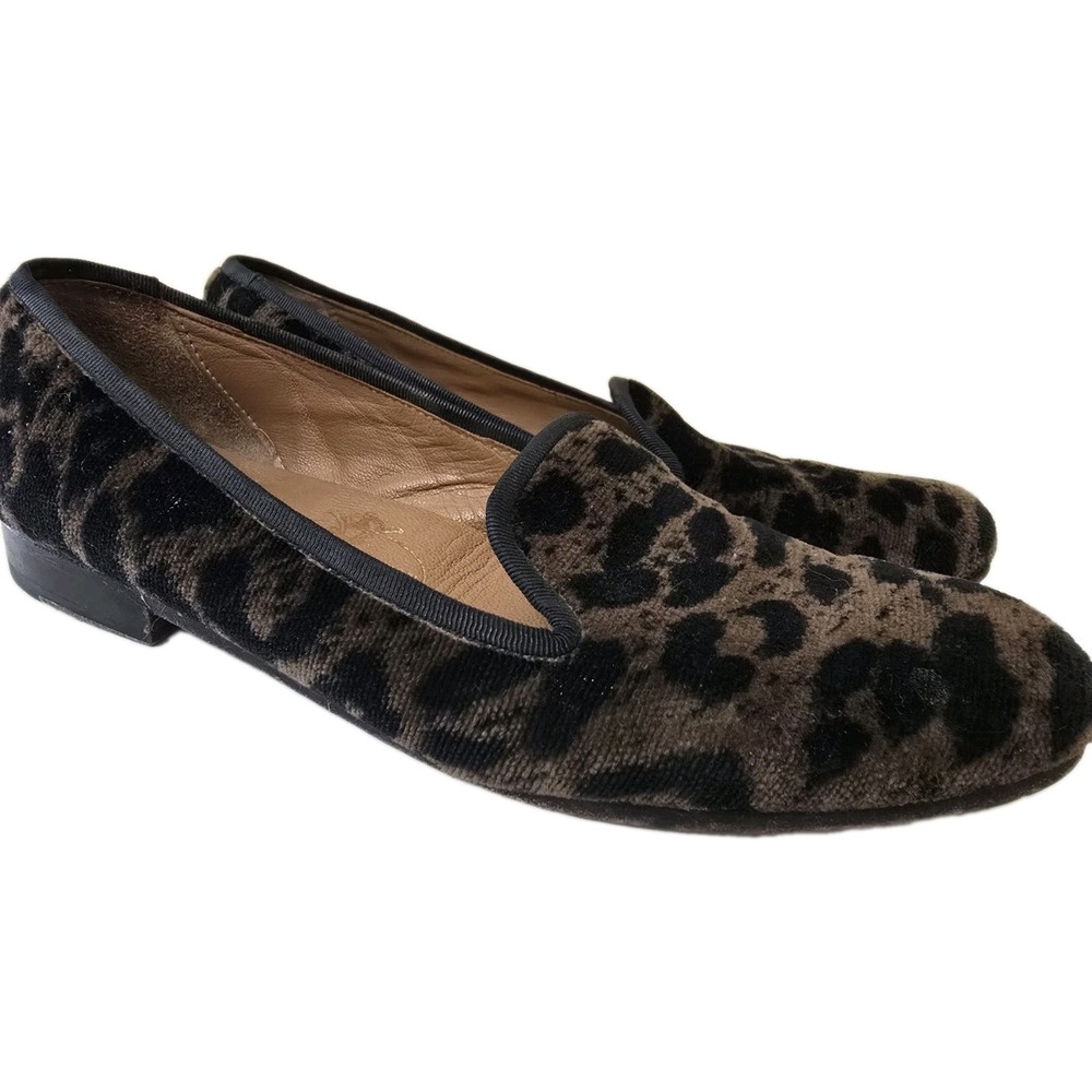 Stubbs & Wootton Velvet Leopard Print Loafers Slippers Flats Womens Size 7 AA